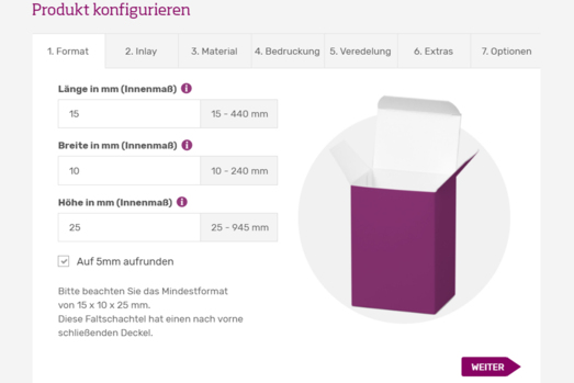 So sieht unser Faltschachtel-Konfigurator aus. Faltschachteln Maße bestimmen